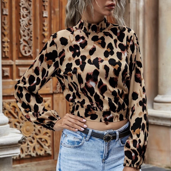 Leopard Print Tan Open Back Tie Crop Top - Picture 3 of 6